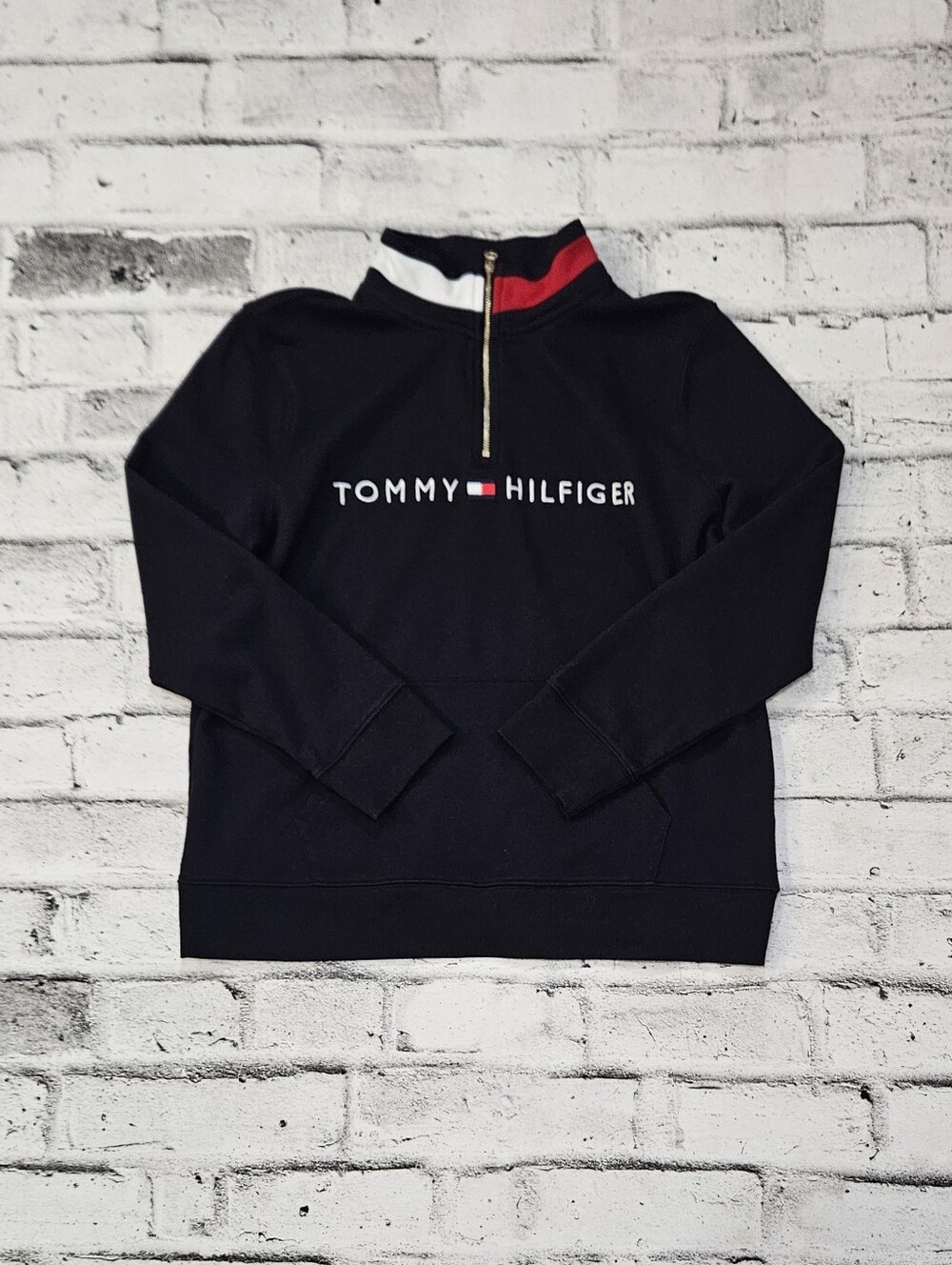 Tommy Hilfiger Mens Logo Quarter Zip Sweatshirt Black Flag Collar